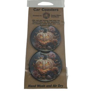 Car Coasters Glowing Jack O Lantern Halloween Spooky Set of 2 Neoprene Absorbent